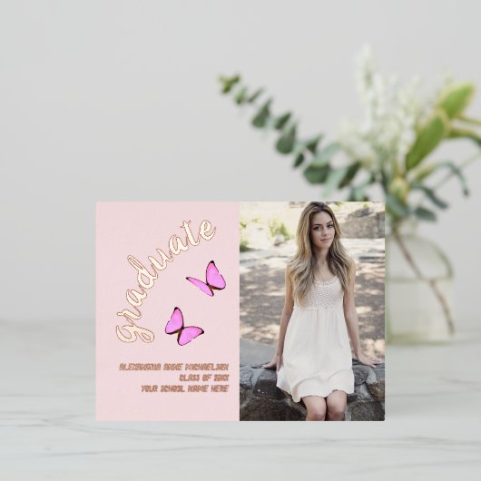 Roze Rose Gold Toen en Nu Foto Afstuderen Folie Uitnodiging Briefkaart (Staand Voorkant)