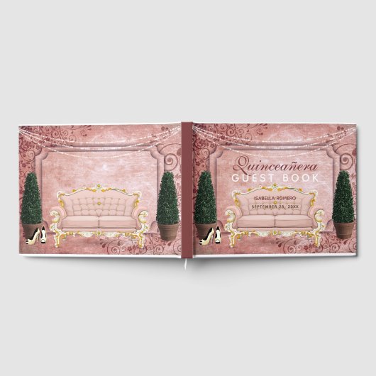 Roze Rose Gold Topiary Tuin Quinceañera Gastenboek (Volledig)