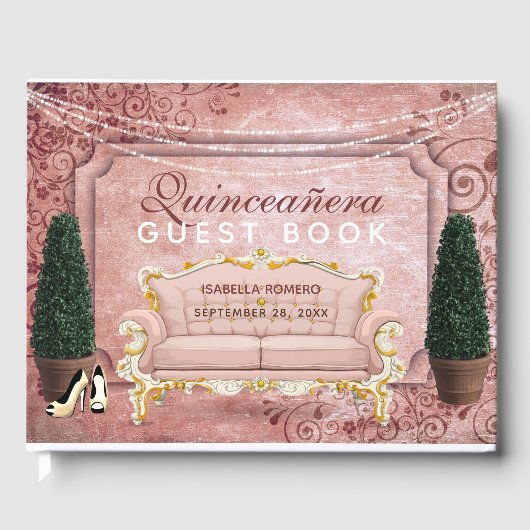 Roze Rose Gold Topiary Tuin Quinceañera Gastenboek (Voorkant)