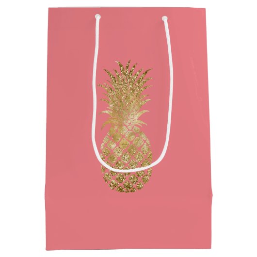 Roze Rose Gold Tropische Glitter Ananas Medium Cadeauzakje (Achterkant)