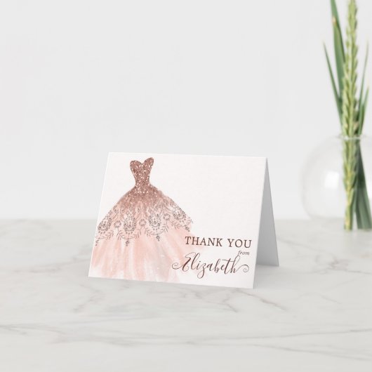 Roze Rose Gold Waterverf Sparkle Dress Dank u Notitiekaartje (Voorkant)