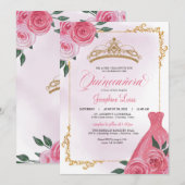 Roze Rose & Gold White Floral Tiara Quinceañera Kaart (Voorkant / Achterkant)