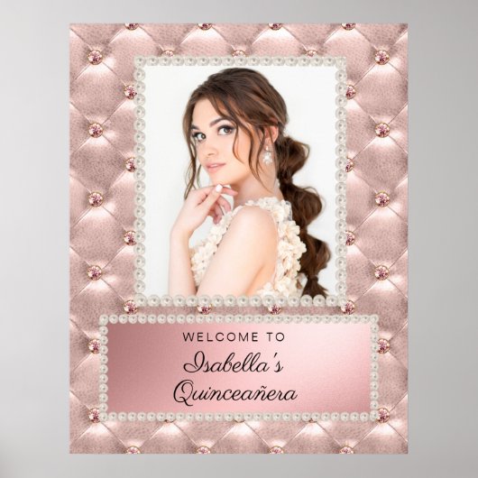 Roze Rose Gold White Pearls Quinceañera Foto Poster (Voorkant)