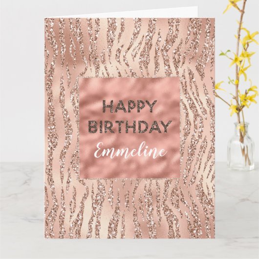 Roze Rose Gold Zebra Print Glitter Birthday Kaart (Gele Bloem)
