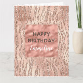 Roze Rose Gold Zebra Print Glitter Birthday Kaart (Voorkant)