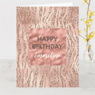 Roze Rose Gold Zebra Print Glitter Birthday Kaart