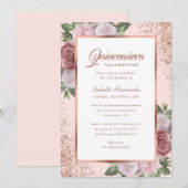 Roze Rose Goud Bloemen Quinceañera Kaart (Voorkant / Achterkant)