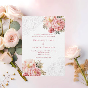 Roze rosé goud bloemenwitte kant luxe bruiloft kaart