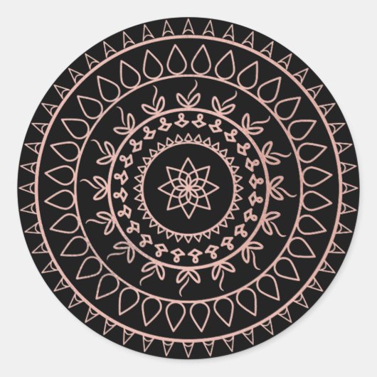 Roze Rose Goud Blush Metallic Mandala Zwart Ronde Sticker (Voorkant)