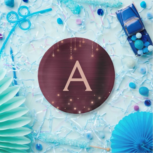 Roze Rose Goud Bourgogne Sparkle Monogram Verjaard Papieren Bordje (Feest)