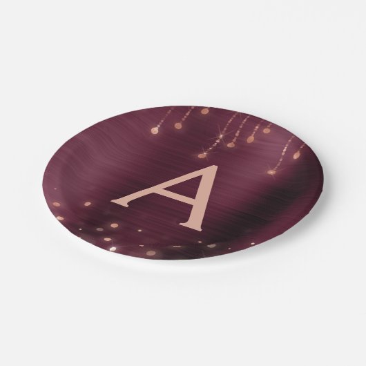 Roze Rose Goud Bourgogne Sparkle Monogram Verjaard Papieren Bordje (Gekanteld)