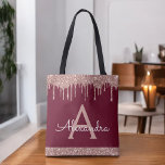 Roze Rose Goud Bourgondische glitter Elegant Monog Tote Bag<br><div class="desc">Roze Rose Gold en Bourgogne Marsala Faux Sparkle en Dripping Glitter Elegant Monogram Boekentas. Deze boekentas kan worden aangepast om uw initiaal en voornaam op te nemen en als cadeau te geven voor kerst,  lieve 16-verjaardag,  Vrijgezellenfeest of een bruiloft.</div>