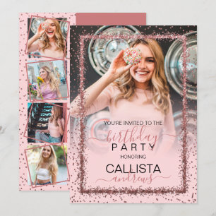 Roze Rose Goud Confetti Border Foto Verjaardag Kaart