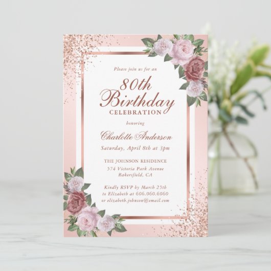 Roze Rose Goud Confetti Rozen 80ste Verjaardag Kaart (Staand voorkant)