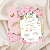 Roze Rose & Goud Elegante Vlinder Quinceanera Kaart