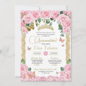 Roze Rose & Goud Elegante Vlinder Quinceanera Kaart (Voorkant)