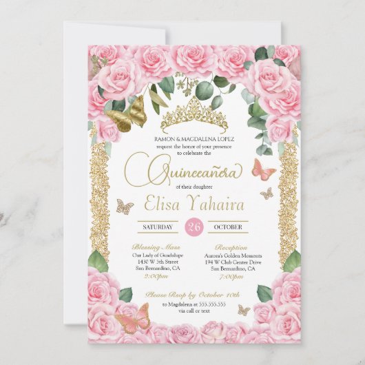 Roze Rose & Goud Elegante Vlinder Quinceanera Kaart (Voorkant)