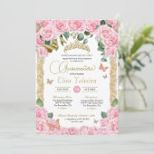 Roze Rose & Goud Elegante Vlinder Quinceanera Kaart (Staand voorkant)