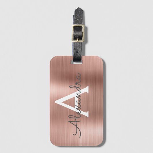 Roze Rose Goud Geborsteld Metalen Script Monogram Bagagelabel (Voorkant (verticaal))