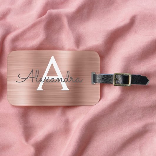 Roze Rose Goud Geborsteld Metalen Script Monogram Bagagelabel