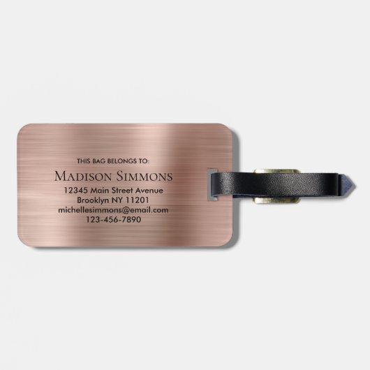 Roze Rose Goud Geborsteld Metalen Script Monogram Bagagelabel (Achterkant horizontaal)