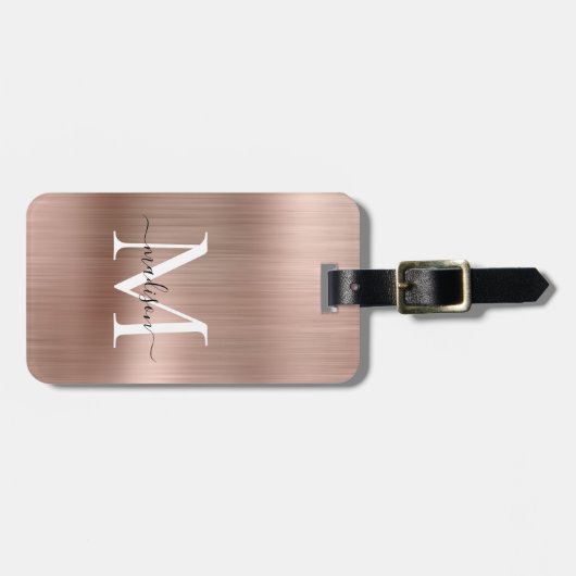 Roze Rose Goud Geborsteld Metalen Script Monogram  Bagagelabel (Voorkant horizontaal)