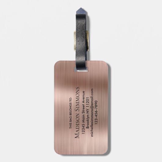 Roze Rose Goud Geborsteld Metalen Script Monogram  Bagagelabel (Achterkant verticaal)