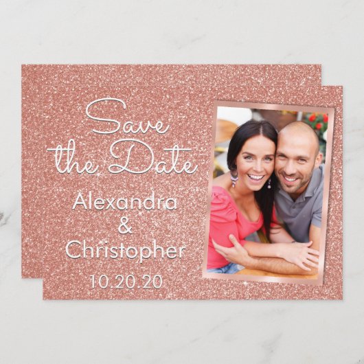 Roze Rose Goud Glitter Bruiloft Save the Date (Voorkant / Achterkant)