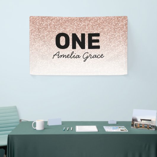 Roze Rose Goud Glitter Eerste Verjaardag Een Naam Spandoek (Beurs)