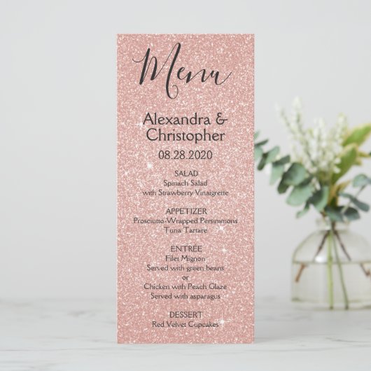 Roze Rose Goud Glitter en Sparkle Bruiloft Menu (Staand voorkant)