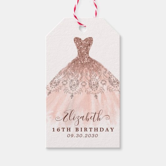 Roze Rose Goud Glitter Jurk Verjaardag Dank u Cadeaulabel (Voorkant)