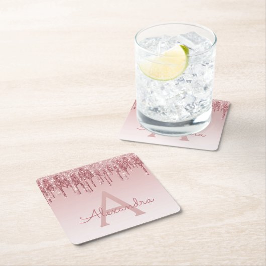 Roze Rose Goud Glitter & Sparkle Monogram Verjaard Kartonnen Onderzetters (Insitu)