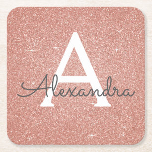 Roze Rose Goud Glitter & Sparkle Monogram Verjaard Kartonnen Onderzetters
