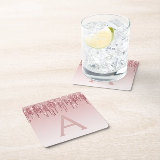 Roze Rose Goud Glitter & Sparkle Monogram Verjaard Kartonnen Onderzetters (Insitu)