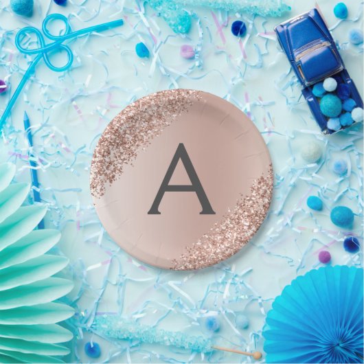 Roze Rose Goud Glitter & Sparkle Monogram Verjaard Papieren Bordje (Feest)