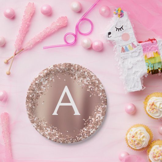 Roze Rose Goud Glitter & Sparkle Monogram Verjaard Papieren Bordje (Feest)