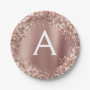 Roze Rose Goud Glitter & Sparkle Monogram Verjaard Papieren Bordje