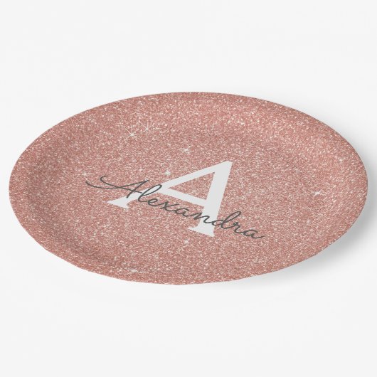Roze Rose Goud Glitter & Sparkle Monogram Verjaard Papieren Bordje (Gekanteld)