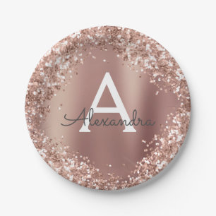 Roze Rose Goud Glitter & Sparkle Monogram Verjaard Papieren Bordje