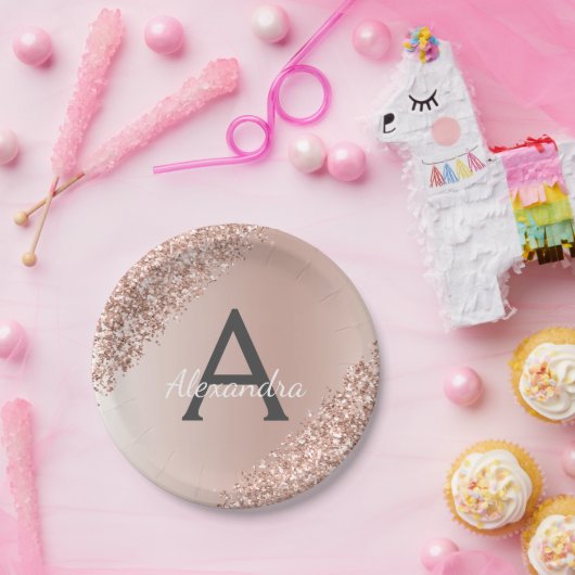 Roze Rose Goud Glitter & Sparkle Monogram Verjaard Papieren Bordje (Feest)