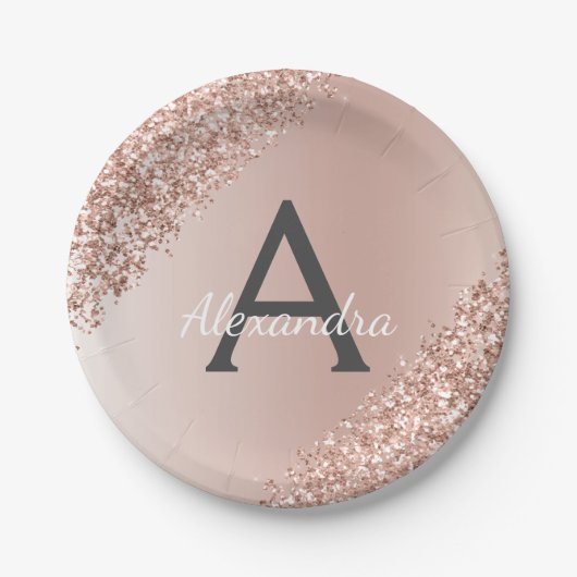 Roze Rose Goud Glitter & Sparkle Monogram Verjaard Papieren Bordje (Voorkant)