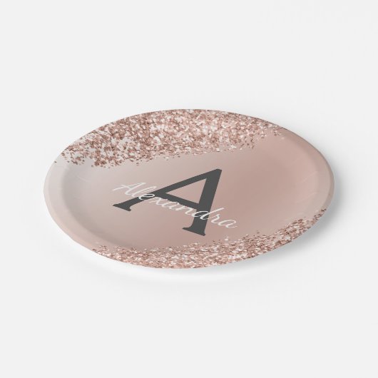 Roze Rose Goud Glitter & Sparkle Monogram Verjaard Papieren Bordje (Gekanteld)