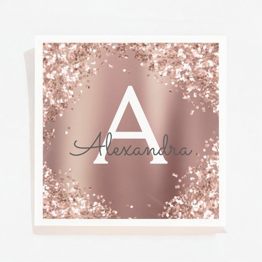 Roze Rose Goud Glitter & Sparkle Monogram Verjaard Servet