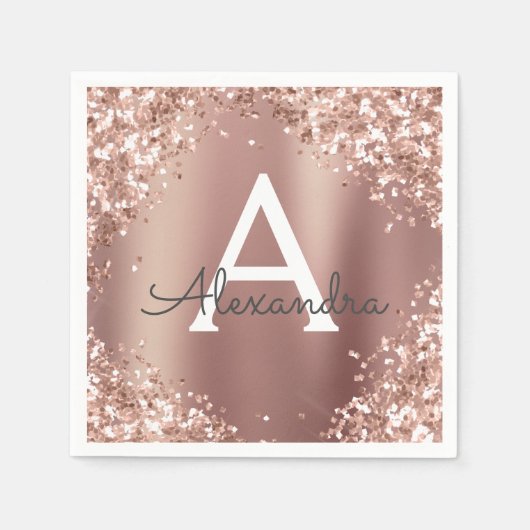 Roze Rose Goud Glitter & Sparkle Monogram Verjaard Servet (Voorkant)