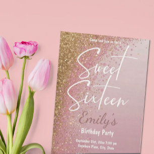 Roze Rose Goud Glitter Sweet Sixteen Party Kaart