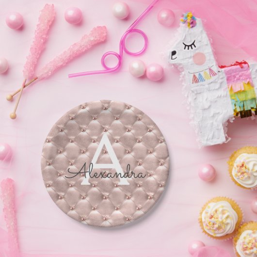 Roze Rose Goud  Juweel Monogram Verjaardag Papieren Bordje (Feest)