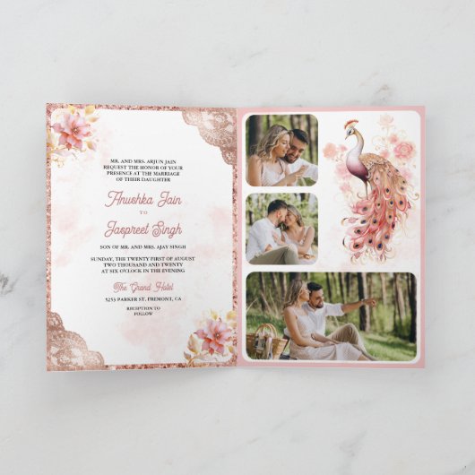 Roze Rose Goud Kant Bloemen Indiase Peacock Bruilo (Binnen)