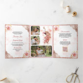 Roze Rose Goud Kant Bloemen Indiase Peacock Bruilo Drieluik Uitnodiging (Binnen)