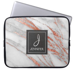 Roze Rose Goud Marmer Elegant Monogram Laptop Sleeve