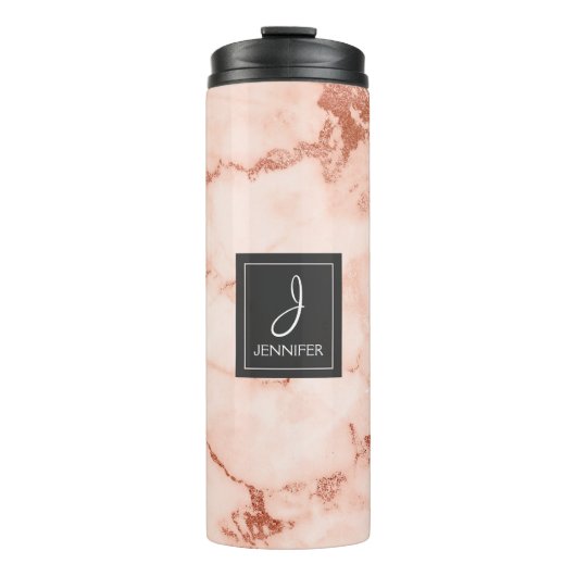 Roze Rose Goud Marmer Elegant Monogram Thermosbeker (Voorkant)